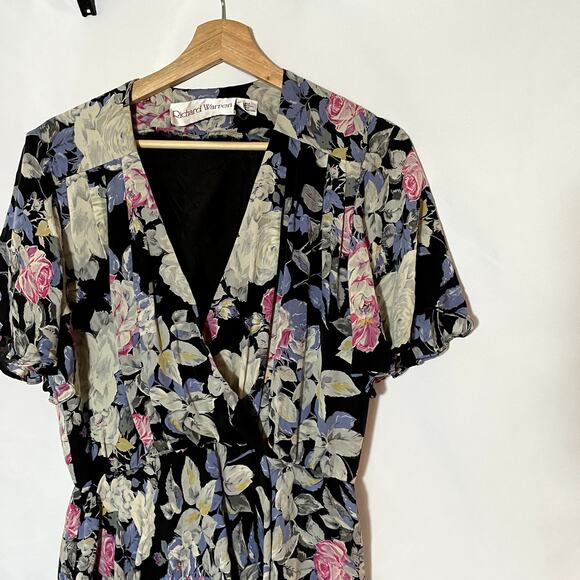 Richard Warren 100% silk floral ruffle vintage dress v-neck 10 flutter sleeve - Picture 2 of 7